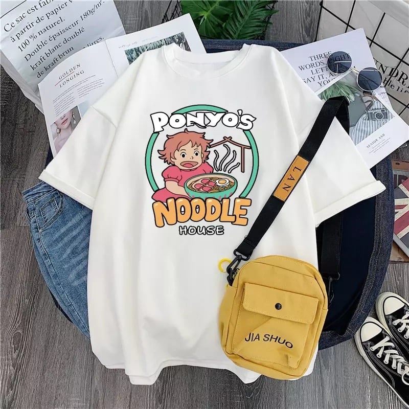 Vintage Anime Ramen Noodle Cartoon Print Loose White Short Sleeve Short T-shirt Top Causal Summer E-Girl Kawaii Korean Japanese Harajuku Streetwear