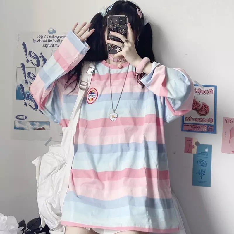 Pastel Rainbow Stripe Colorful Loose Oversize Long Sleeve Shirt T-shirt Top Embroidery Casual Autumn E-Girl Kawaii Korean Japanese Harajuku Streetwear