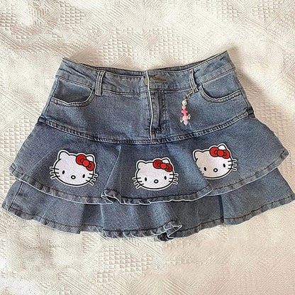 Cat Print Double A-Line Mini Skirt