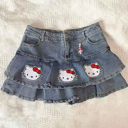 Cat Print Double A-Line Mini Skirt