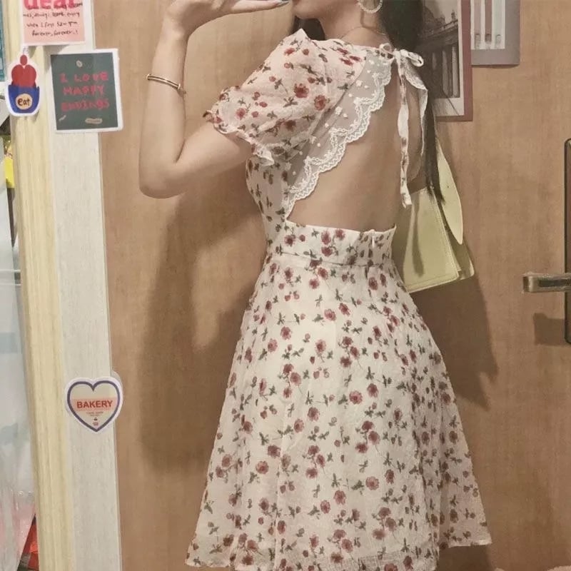 Sweet French Floral Elgeant Lace Backless Mini Dress Aesthetic Casual E-Girl Kawaii Korean Japanese Harajuku