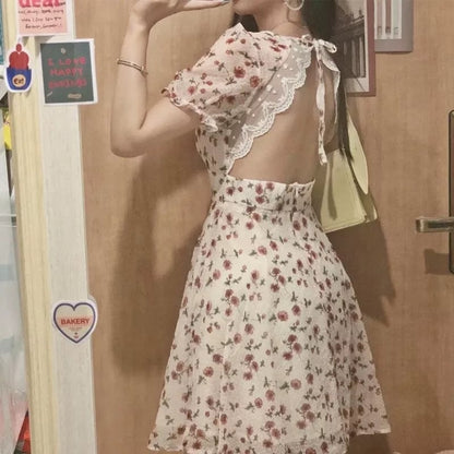 Sweet French Floral Elgeant Lace Backless Mini Dress Aesthetic Casual E-Girl Kawaii Korean Japanese Harajuku