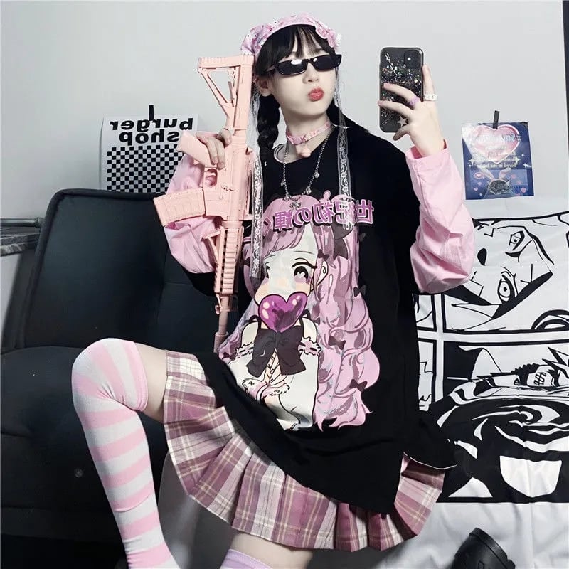 Cute Aesthetic Black Anime Girl Cartoon Print Short Sleeve Shirt Oversized Loose T-shirt Top Goth E-Girl Kawaii Korean Japanese Harajuku Streetwear