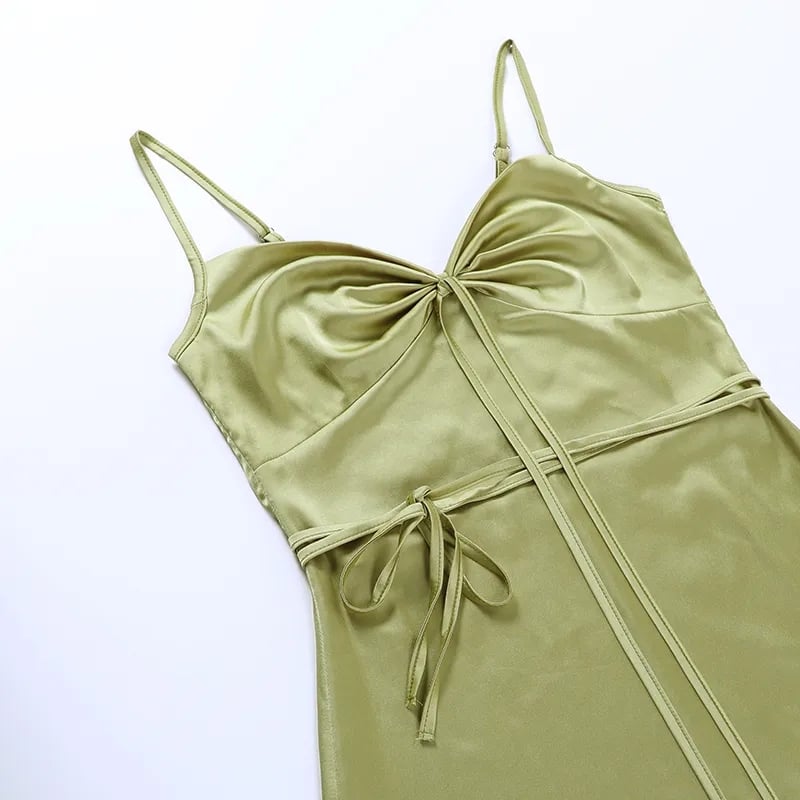 Green Satin Waist Tie Dress