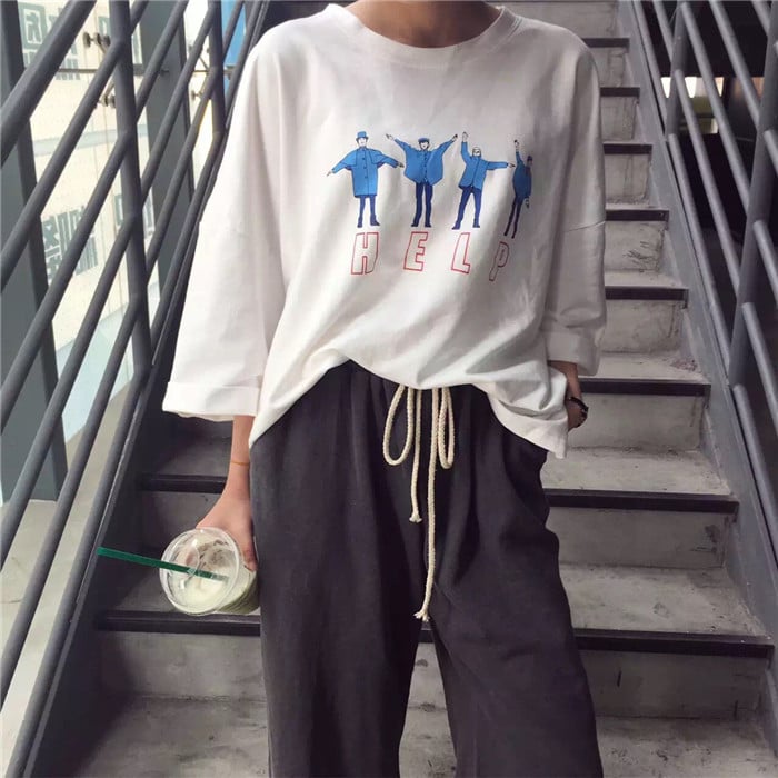 Cute People Kpop Letter Print Graphic Casual Oversized Short Sleeve Tee Shirt T-shirt Top E-Girl Kawaii Korean Japanese Harajuku Streetwear