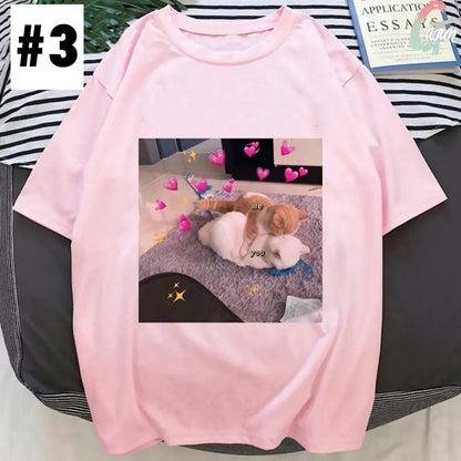 Cute Pink Funny Cat Kitten Meme Cartoon Print Loose Short Sleeve Short T-shirt Tee Top Summer Casual E-Girl Kawaii Korean Japanese Harajuku Streetwear