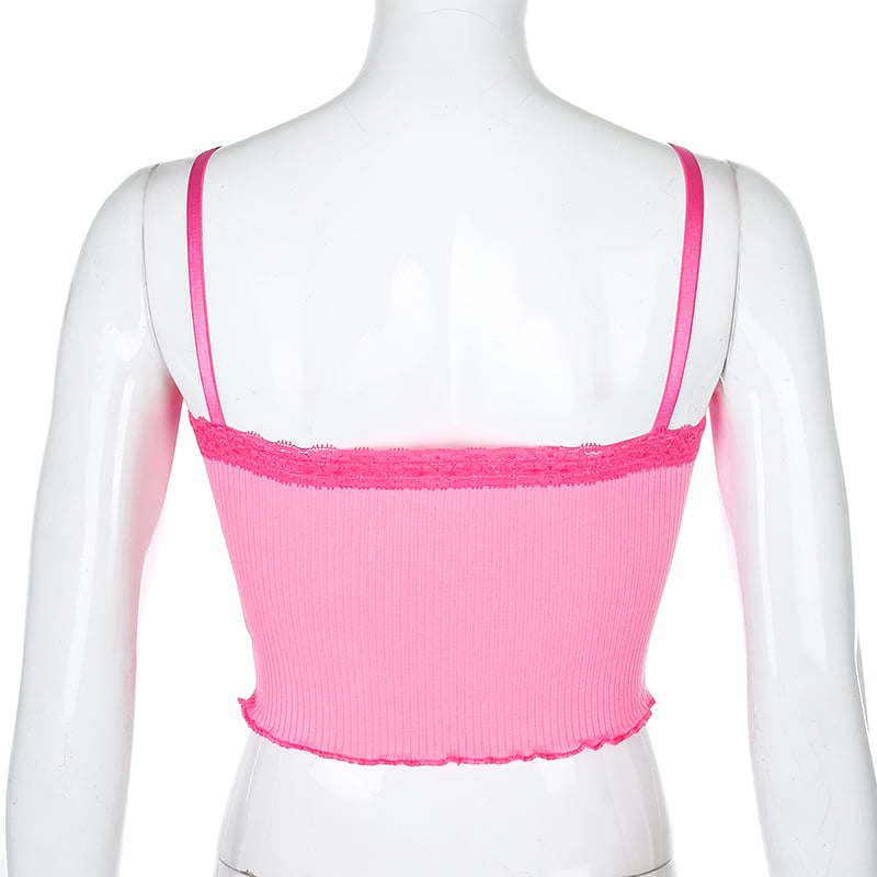 Cute Sexy Lace Patchwork Camisole Spaghetti Strap Crop Top Shirt Tee T-shirt E-Girl Kawaii Korean Japanese Harajuku Chinese Retro Streetwear Aesthetic