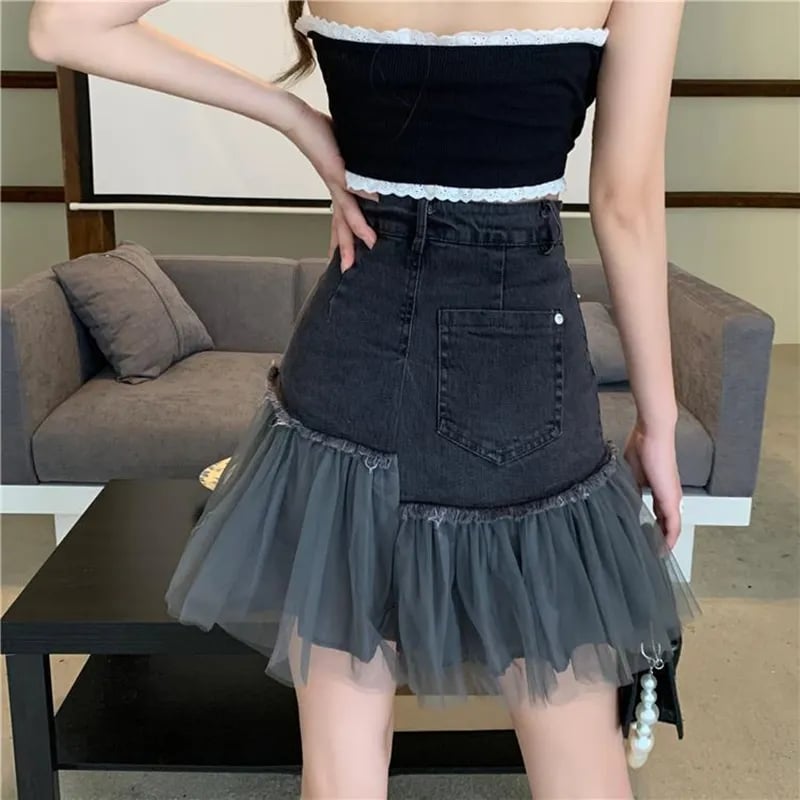 Black Tulle Patchwork Denim Skirt