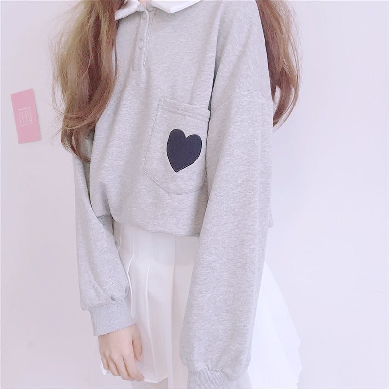 Cute Heart Embroidery Pocket Oversized Sweater Long Sleeve Shirt Pullover Hoodie Sweatshirt E-Girl Kawaii Korean Japanese Harajuku Retro Streetwear