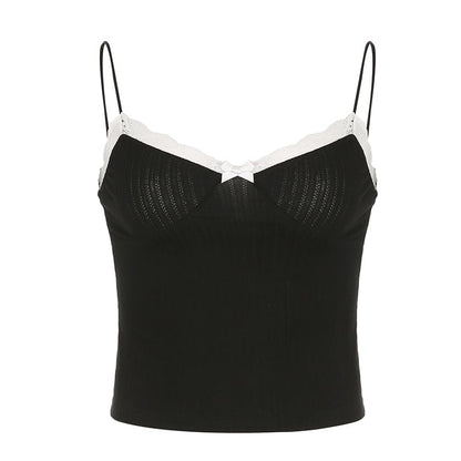 2PCS Patchwork Bow Lace Camisole + Knit Cardigan