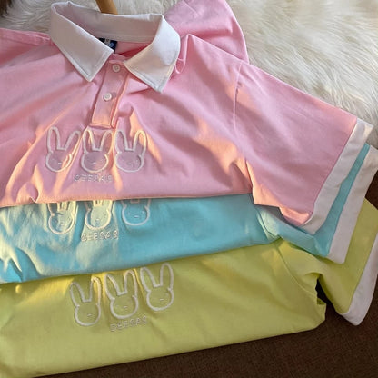 Cute Pastel Bunny Rabbit Embroidery Polo Short Sleeve T- Shirt Top Aesthetic Casual Summer E-Girl Kawaii Korean Japanese Harajuku