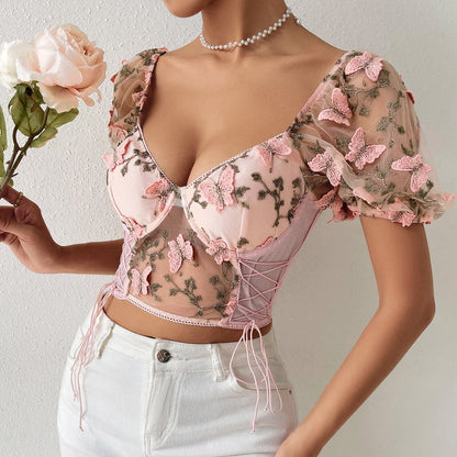 Butterfly Embroidery Puff Short Sleeve Top