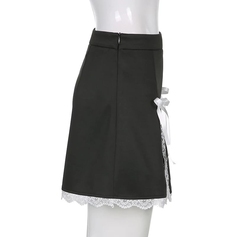 Cute Black Maid Lace Trim Mini Skirt 90s Party Summer Aesthetic Casual E-Girl Kawaii Korean Japanese Harajuku