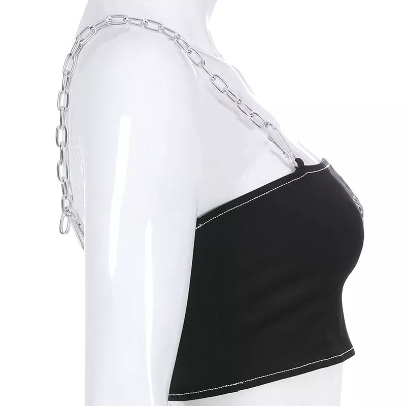 Sexy Black Goth Punk Letter Print Metal Chain Camisole Tank Crop Top Shirt Summer E-Girl Kawaii Korean Japanese Harajuku Retro Streetwear