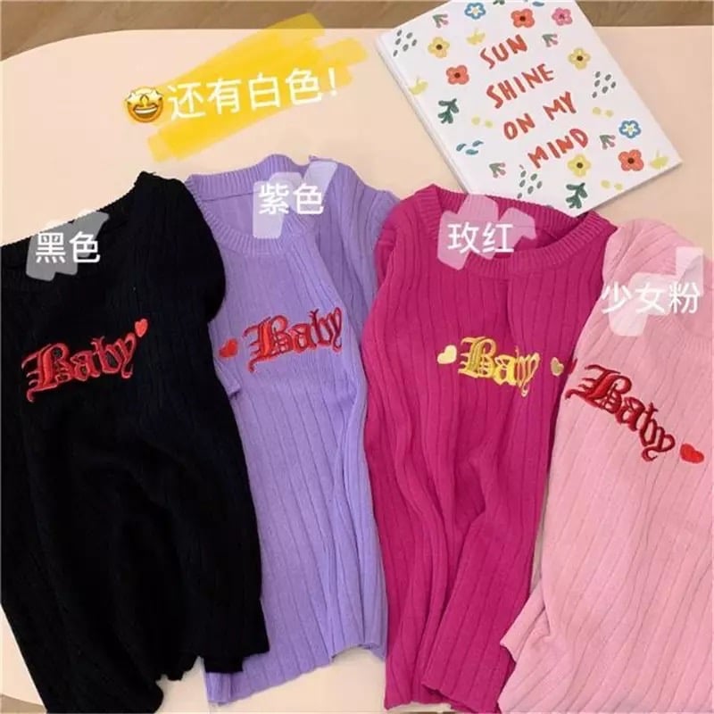 Pastel Pink Baby Embroidery Knit Short Sleeve Shirt Top T-shirt Summer Casual E-Girl Kawaii Korean Japanese Harajuku Streetwear