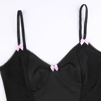 Sexy Pink Ribbon Bow Mesh Panel V Neck Crop Top Camisole Sleeveless Shirt Summer Goth Aesthetic E-Girl Kawaii Korean Japanese Harajuku Streetwear