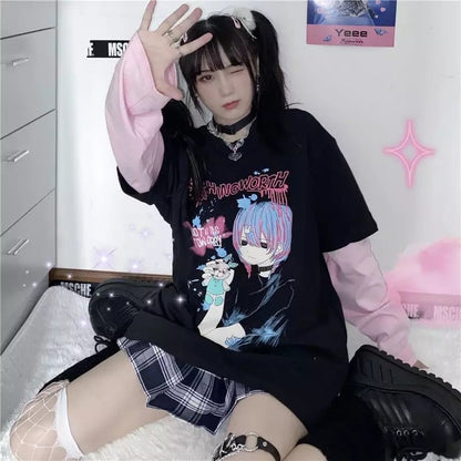 Goth Anime Girl Cartoon Print Loose Casual Sweatshirt Sweater Long Sleeve Shirt Pullover Jumper E-Girl Kawaii Korean Japanese Harajuku Streetwear