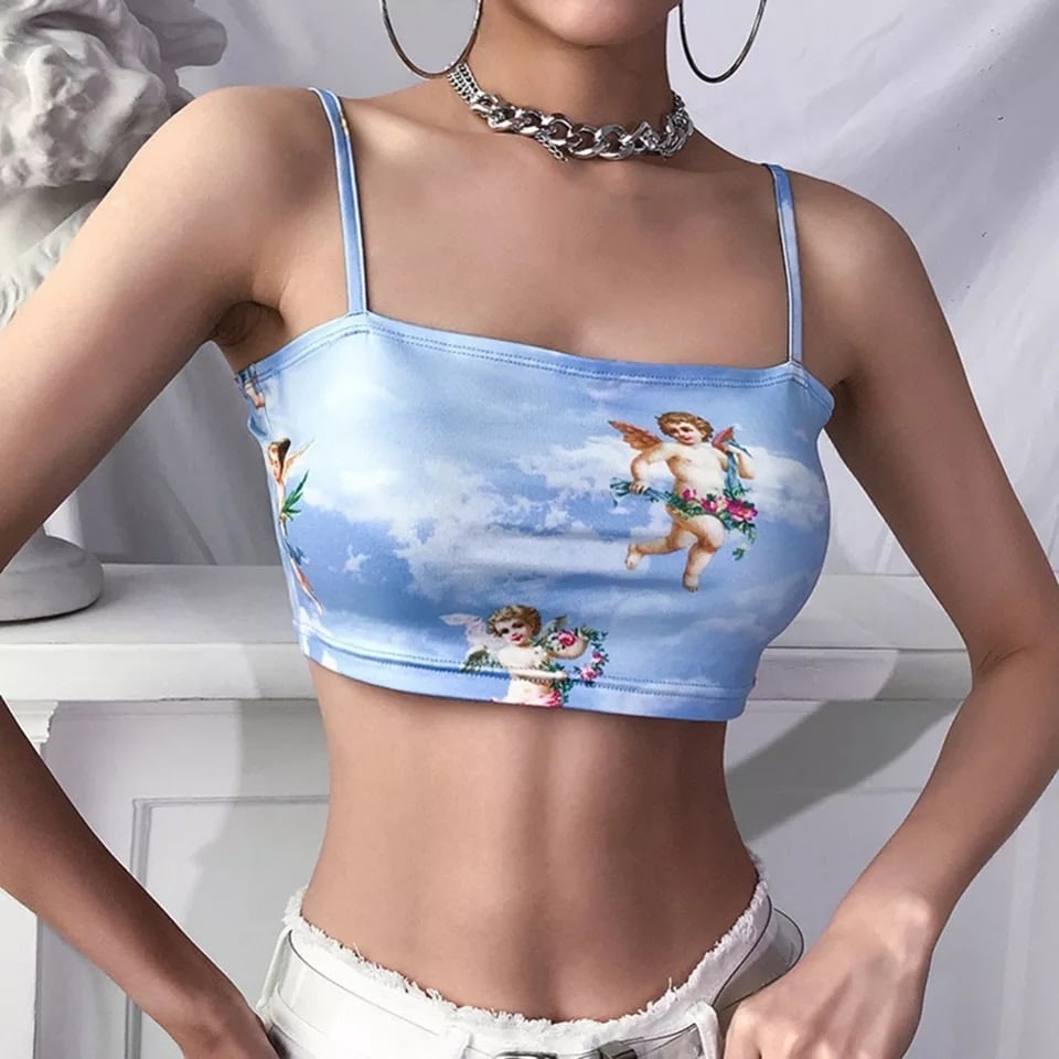 Cute Cupid Angel Love Print Crop Top Camisole Spaghetti Strap Tank Shirt Tee T-shirt E-Girl Kawaii Korean Japanese Harajuku Retro Streetwear Aesthetic