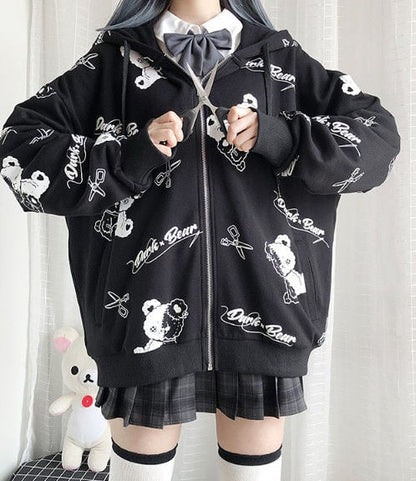 Teddy Bear Scissors Print Hoodie Zip Up Sweater Sweatshirt Long Sleeve Pullover Jumper Goth Punk E-Girl Kawaii Korean Japanese Harajuku Streetwear