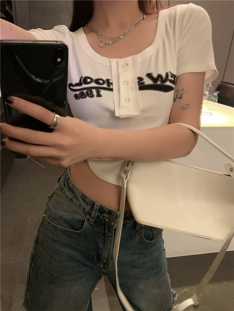 Black Graffiti Print Button Crop Top