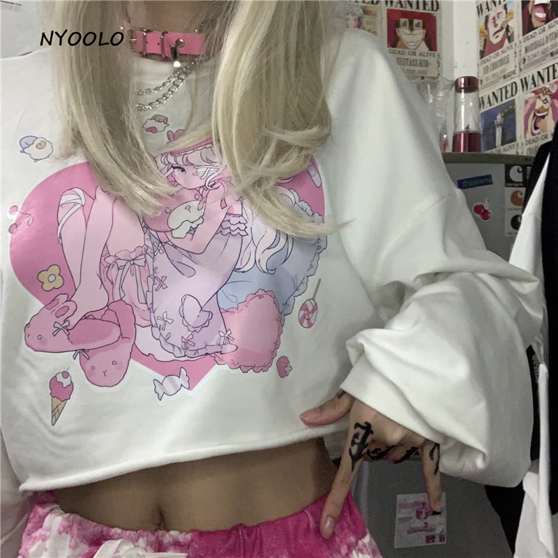 Sweet Anime Girl Cartoon Print Loose Long Sleeve Sweatshirt Sweater Pullover Jumper Autumn Causal E-Girl Kawaii Korean Japanese Harajuku Streetwear