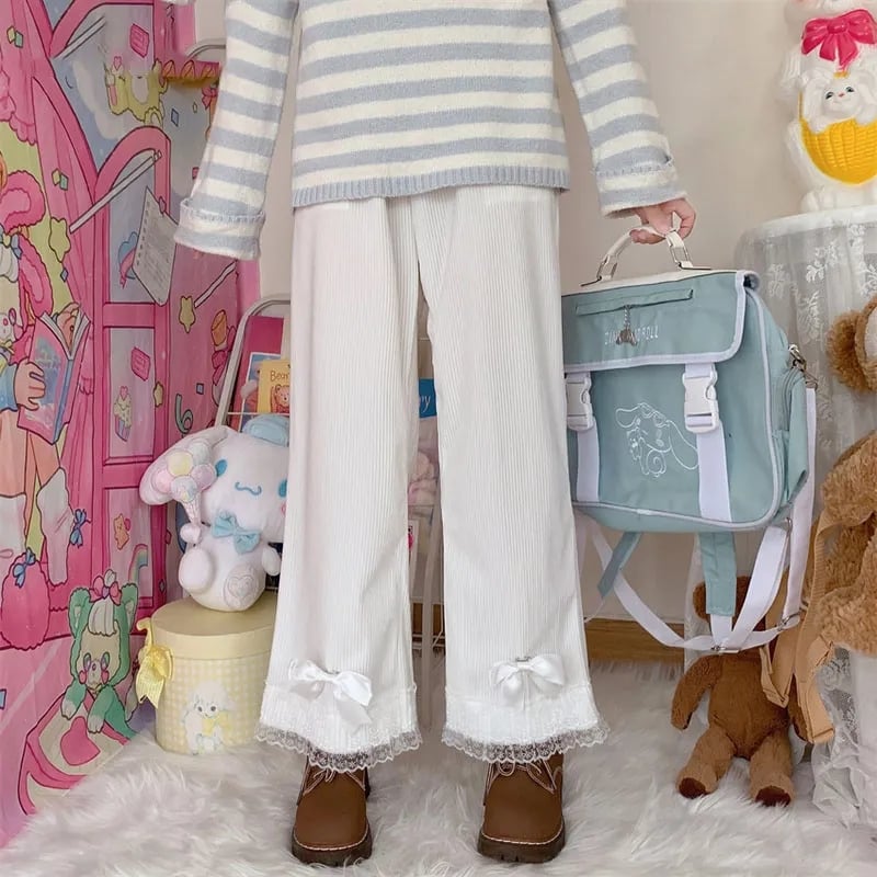 Sweet Bow Lacee Wide Leg High Waist Corduroy Trousers