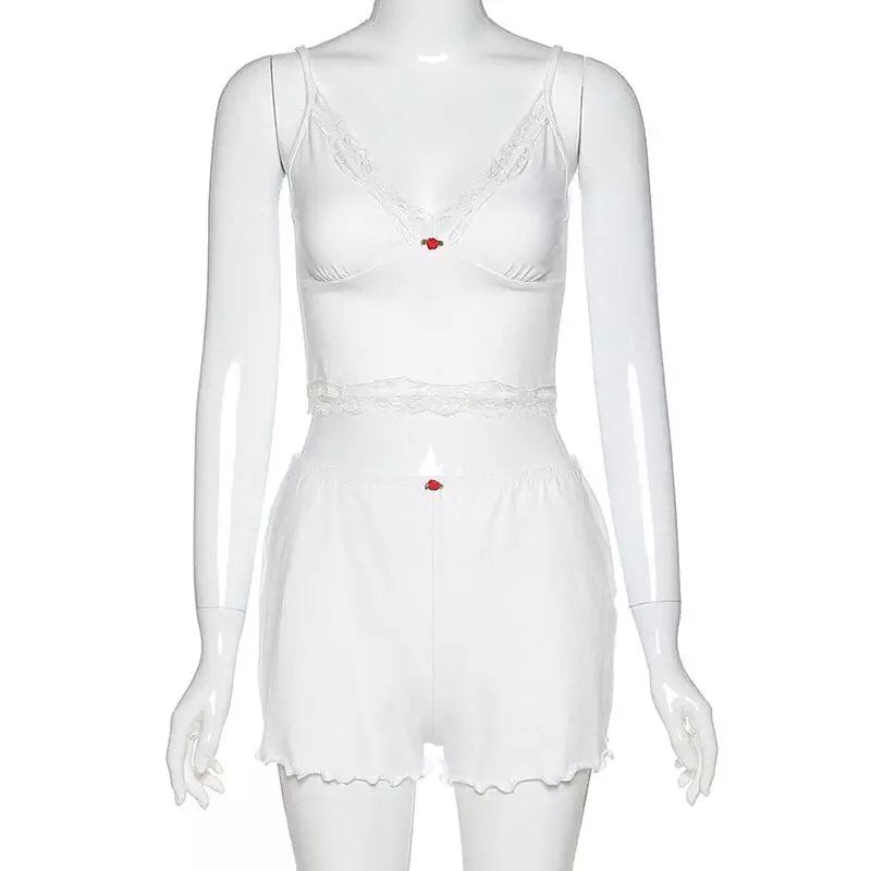 Rose Embroidery 2pcs Set Tracksuit Crop Top + Shorts Pajama Set Loungewear Summer Aesthetic Casual E-Girl Kawaii Korean Japanese Harajuku
