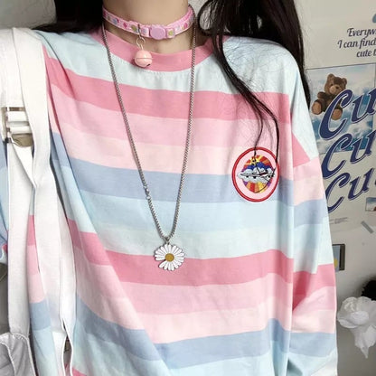 Pastel Rainbow Stripe Colorful Loose Oversize Long Sleeve Shirt T-shirt Top Embroidery Casual Autumn E-Girl Kawaii Korean Japanese Harajuku Streetwear