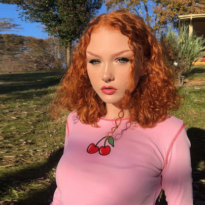 Cute Pink Cherry Fruit Embroidery Crop Top Long Sleeve Shirt T-shirt Causal Tee Summer E-Girl Kawaii Korean Japanese Harajuku Streetwear