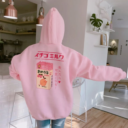 Cute Pastel Pink Peach Cartoon Print Long Sleeve Hoodie Pullover Sweater Sweatshirt Autumn Winter E-Girl Kawaii Korean Japanese Harajuku Streetwear