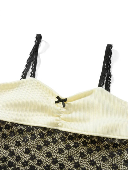Black Mesh Bow Patchwork Tank Top