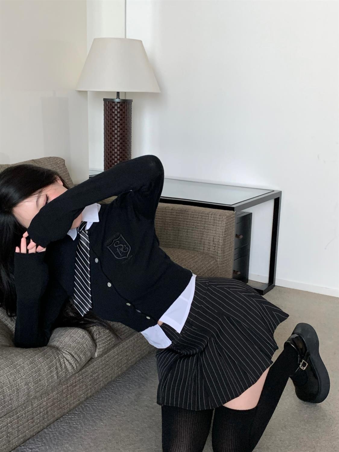Black Stripe Pleated Mini Skirt