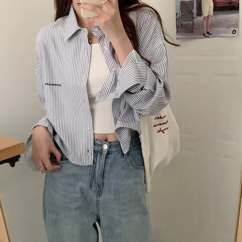 Blue Stripe Cropped Long Sleeve Shirt