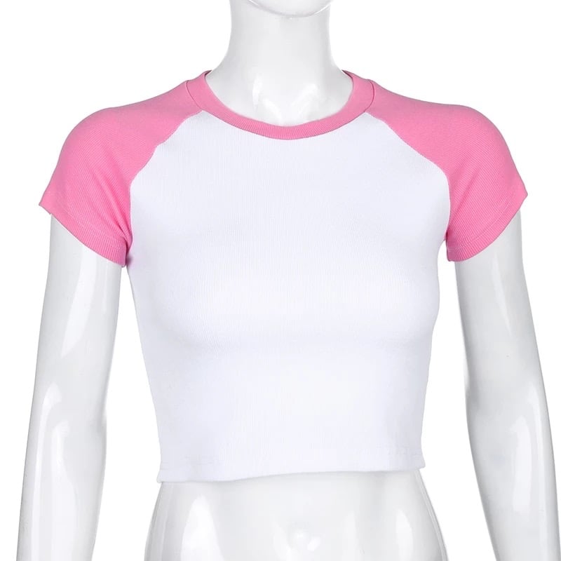 Cute Pink White Contrast Basic Crop Top Short Sleeve Shirt Tee T-shirt Kawaii Korean Japanese Harajuku Chinese Retro Streetwear Aesthetic Fashion