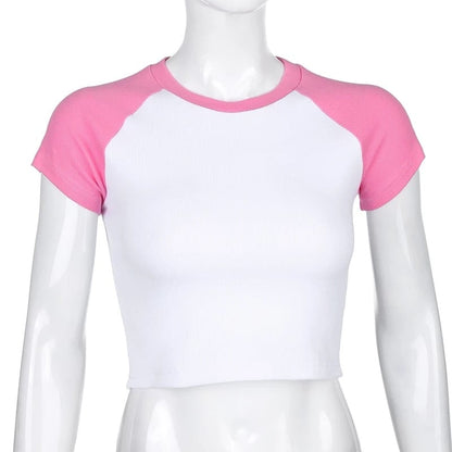 Cute Pink White Contrast Basic Crop Top Short Sleeve Shirt Tee T-shirt Kawaii Korean Japanese Harajuku Chinese Retro Streetwear Aesthetic Fashion
