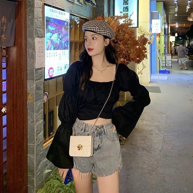 Cute Pink Back Puff Sleeve French Bow Bandage Long Sleeve Shirt Blouse Crop Top Square Neck Aesthetic Casual E-Girl Kawaii Korean Japanese Harajuku
