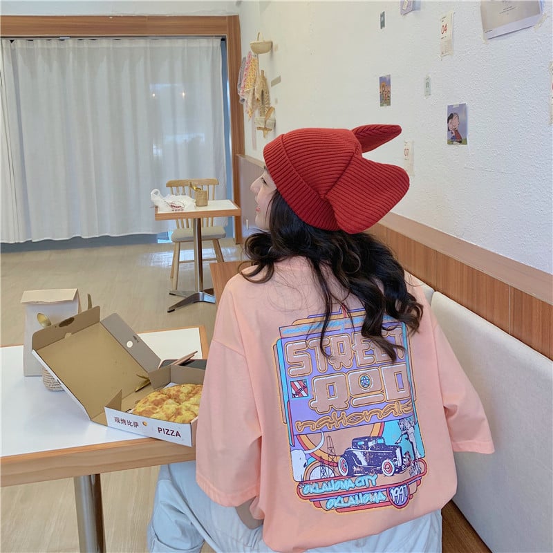 Pastel Retro 90s Vintage Cartoon Print Three Quarter Short Sleeve Tee Shirt T-shirt Top Causal E-Girl Kawaii Korean Japanese Harajuku Streetwear
