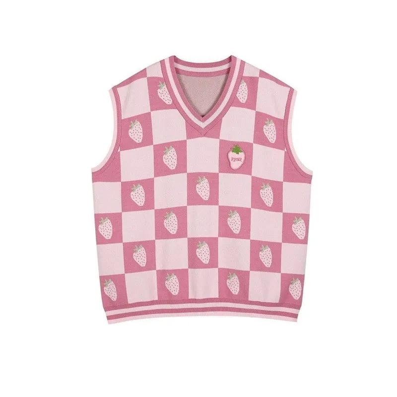 Pink Strawberry Plaid Sweater Vest