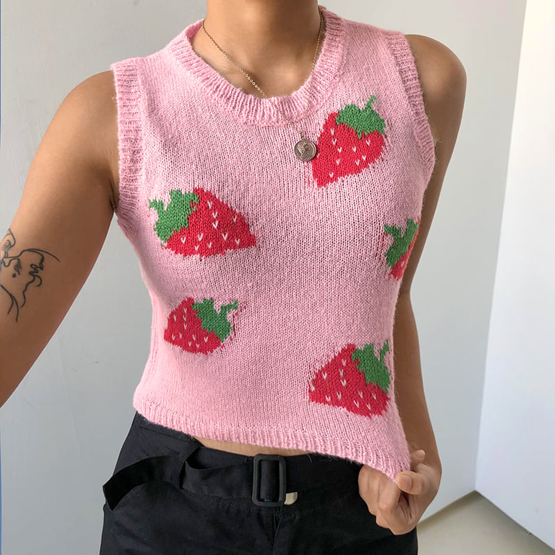 Cute Pink Strawberry V Neck Sleeveless Knit Crop Top Sweater Sweatshirt Pullover Jumper E-Girl Kawaii Korean Japanese Harajuku Streetwear