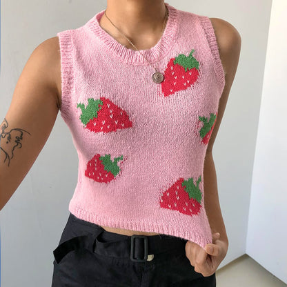 Cute Pink Strawberry V Neck Sleeveless Knit Crop Top Sweater Sweatshirt Pullover Jumper E-Girl Kawaii Korean Japanese Harajuku Streetwear
