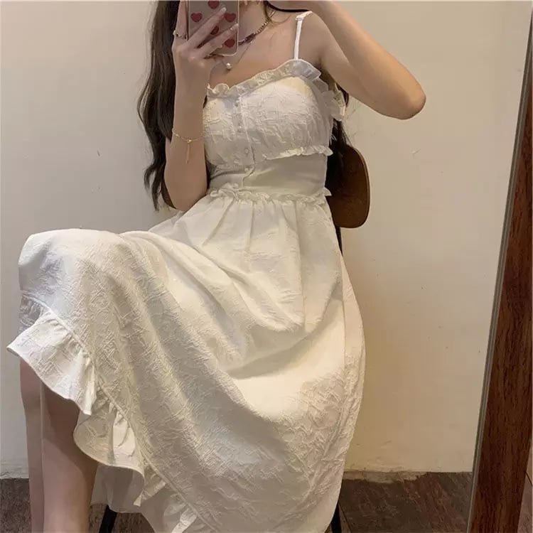 Cute White Ruffle Maxi Dress Fairy Strap Tank Lace Sundress Party Cottage Aesthetic Casual Summer E-Girl Kawaii Korean Japanese Harajuku