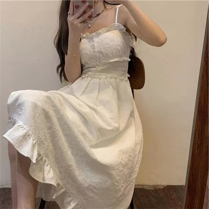 Cute White Ruffle Maxi Dress Fairy Strap Tank Lace Sundress Party Cottage Aesthetic Casual Summer E-Girl Kawaii Korean Japanese Harajuku