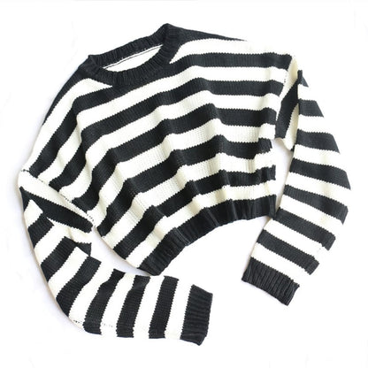 Cute Black White Stripe Loose Oversize Crop Sweater Long Sleeve Shirt Sweatshirt Pullover Casual E-Girl Kawaii Korean Japanese Harajuku Streetwear