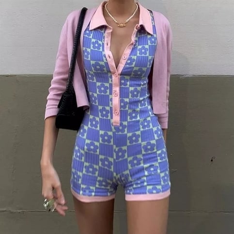 Cute Vintage Floral Print Bodysuit Jumpsuit Bodycon One Piece 2000s Summer Aesthetic Casual E-Girl Kawaii Korean Japanese Harajuku