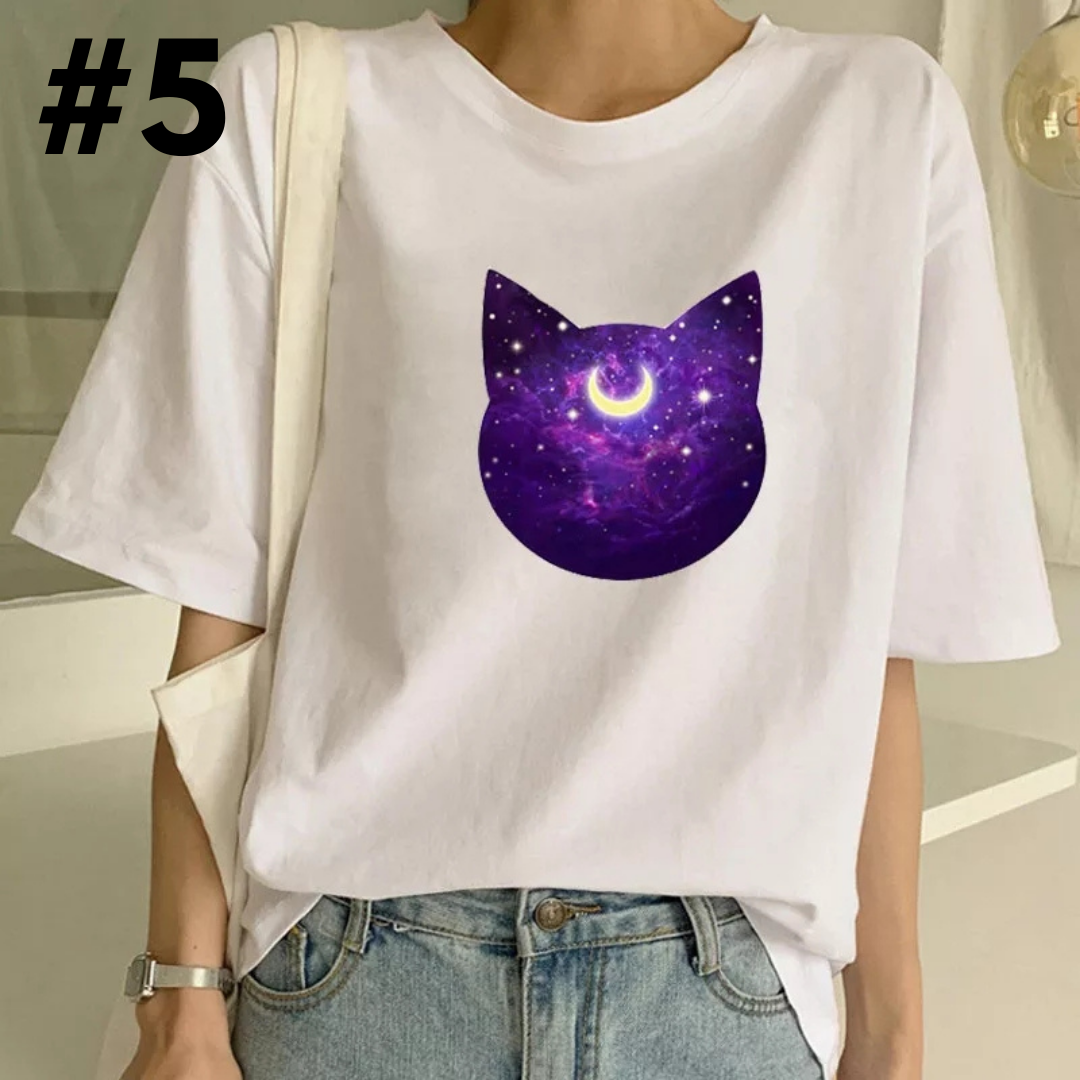 Cute Cat Starry Night Powerline Print Short Sleeve T-shirt Vintage Aesthetic Casual E-Girl Kawaii Korean Japanese Harajuku