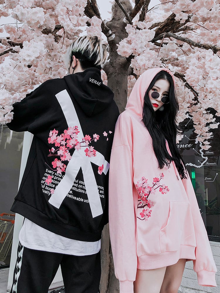 Cute Cherry Blossom Sakura Flower Print Oversized Unisex Long Sleeve Hoodie Sweater Sweatshirt E-Girl Kawaii Korean Japanese Harajuku Streetwear