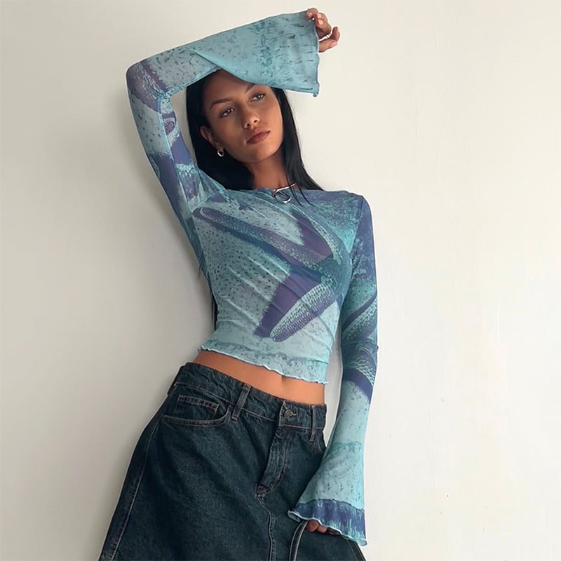 Starfish Mesh Graphic Print Flare Long Sleeve Shirt