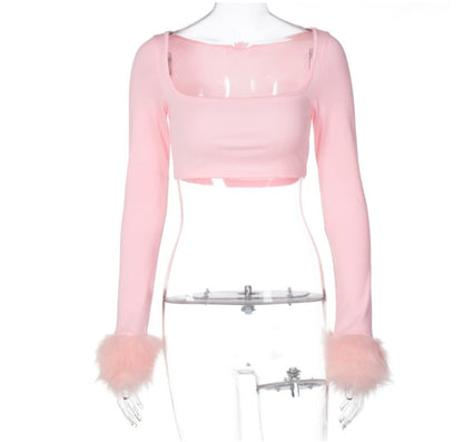 Pink Furry Cuff Long Sleeve Crop Top