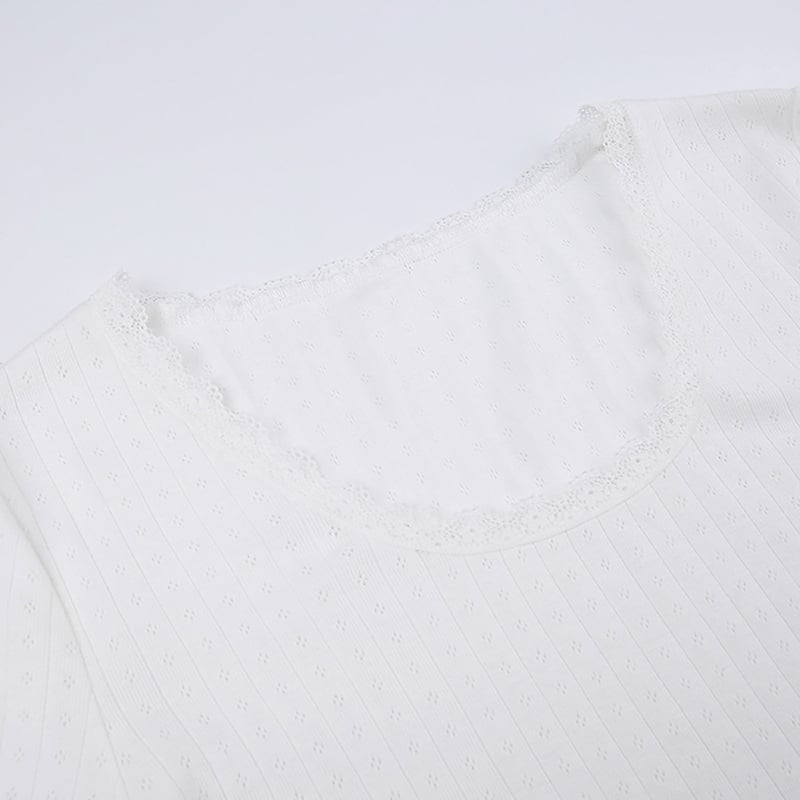White Ribbed Lace Long Sleeve Shirt