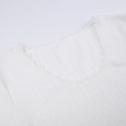 White Ribbed Lace Long Sleeve Shirt